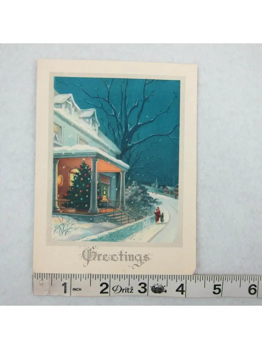 Vintage Litho Greeting Christmas Card & Envelope Snowy Night House Tree UNSIGNED